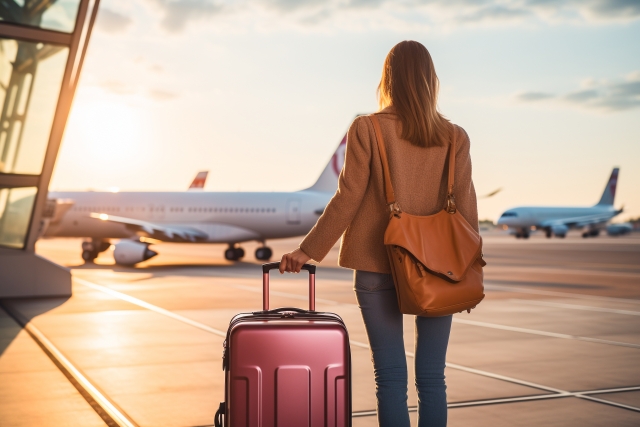 飛行機に乗ろうとする女性